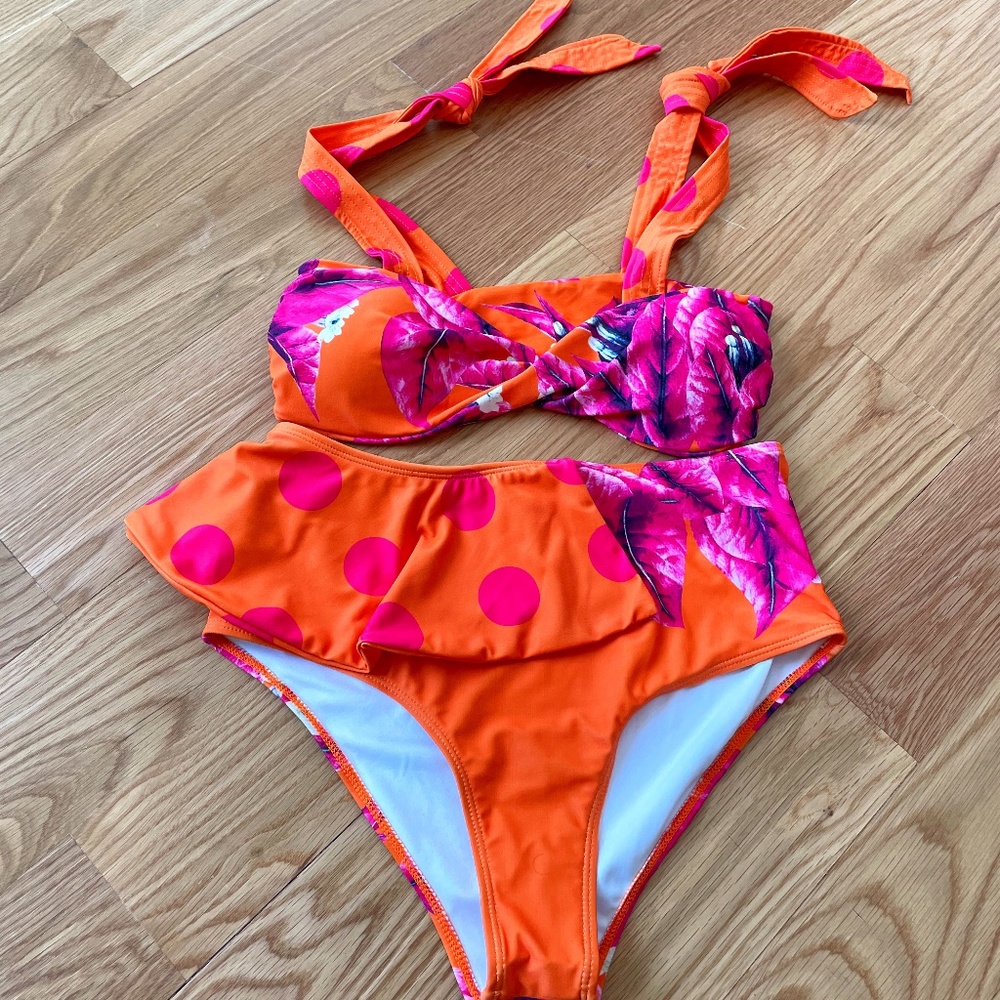 Ruffled Orange and Pink High-waist swimsuit 2021